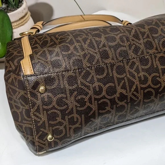 Calvin Klein Signature Tote Shoulder Bag Brown CK Monogram Print Brown Leather